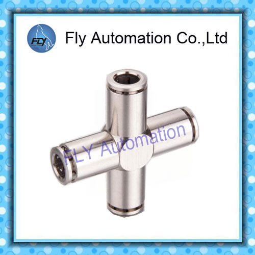 Four Way Nickel-Plated Copper Push  - In Pneumatic Brass Tube Fittings PZA Series